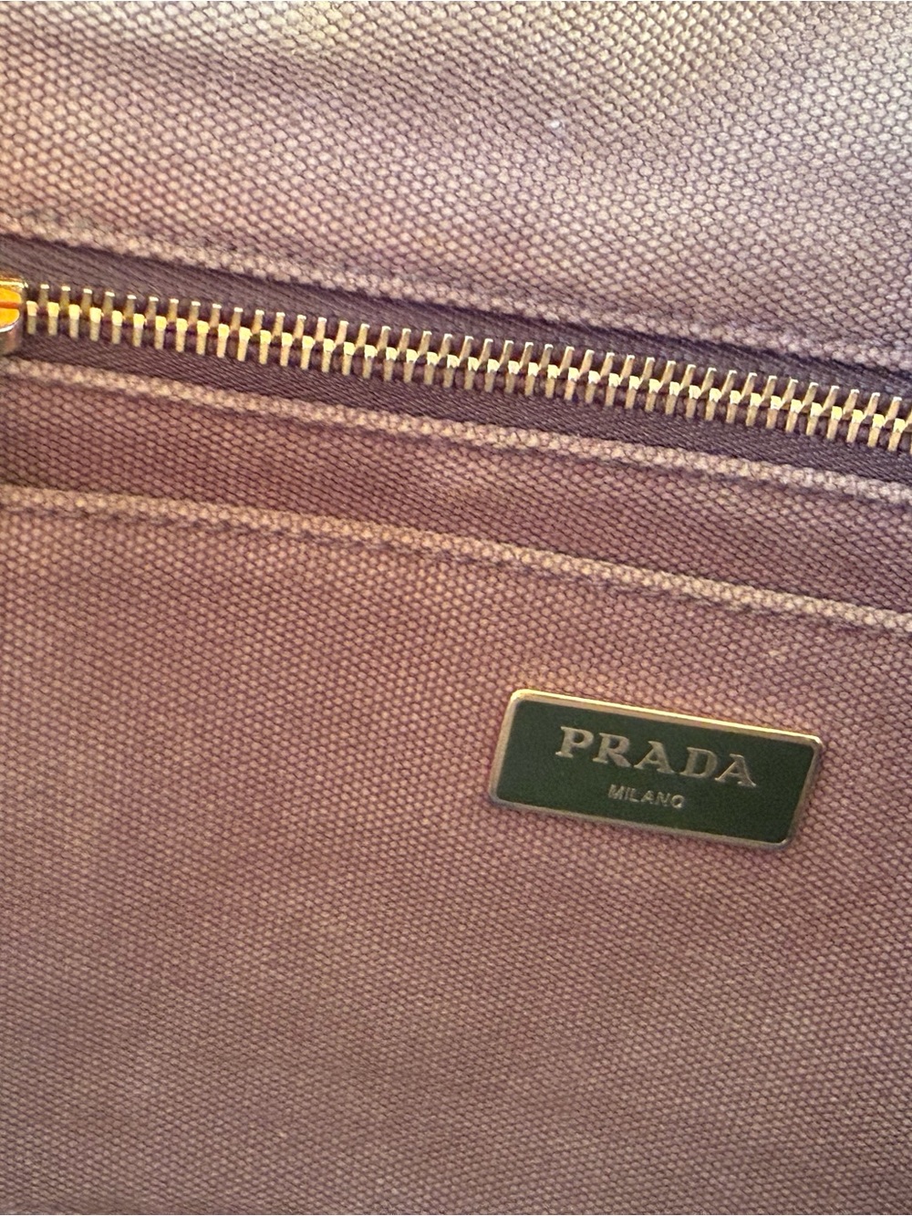Prada taupe canvas tote with gold plaque - Picture 6 of 11